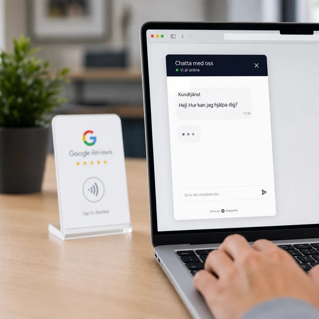 Square format photo. A modern laptop screen is open, displaying a chat support window with a message