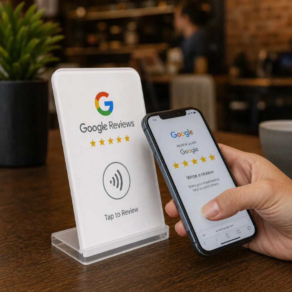 Portrait format 4:5 photograph. Close-up on a wooden café table: the NFC Google Review Stand (white