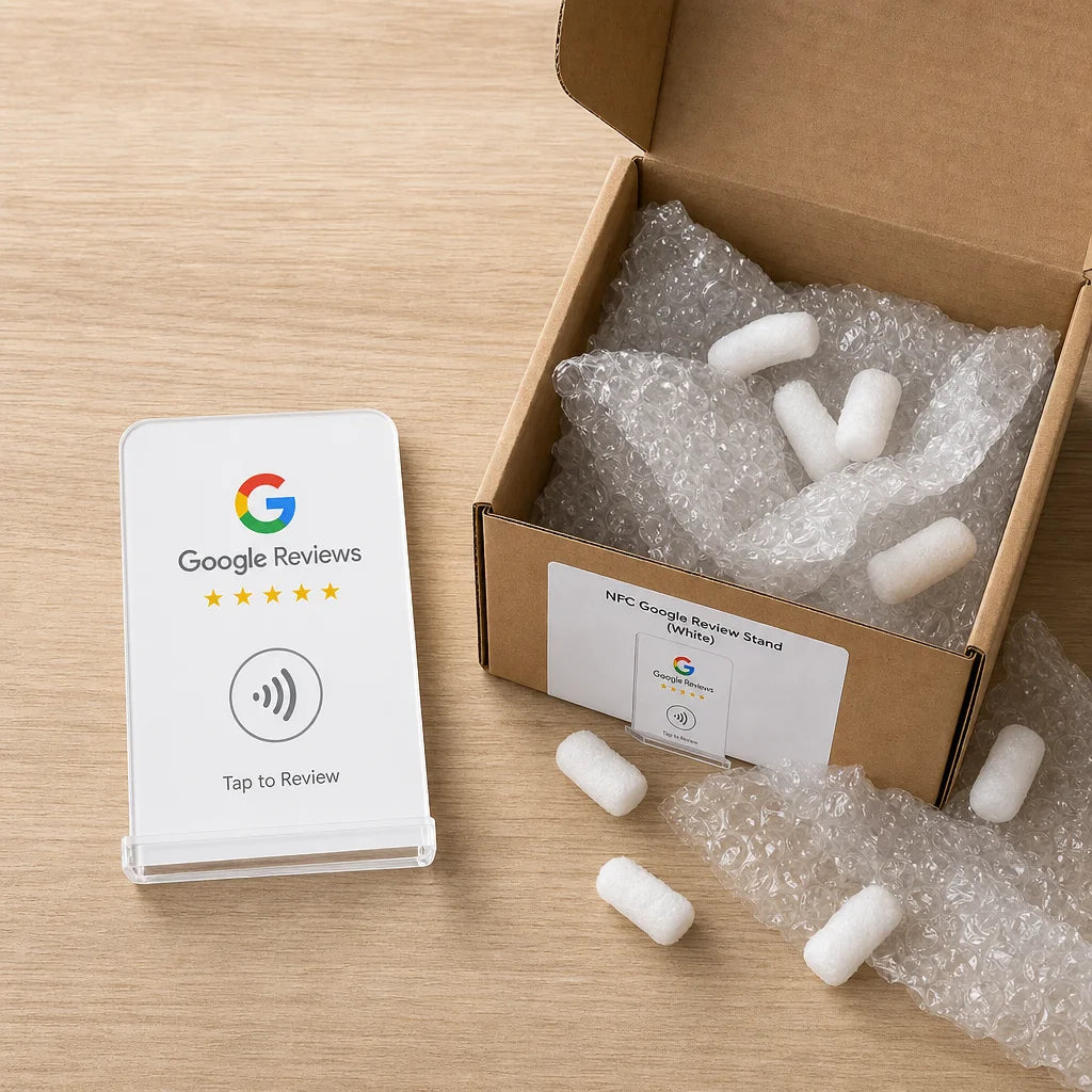 Square format clean studio product photography, flat-lay arrangement seen from above. The NFC Google