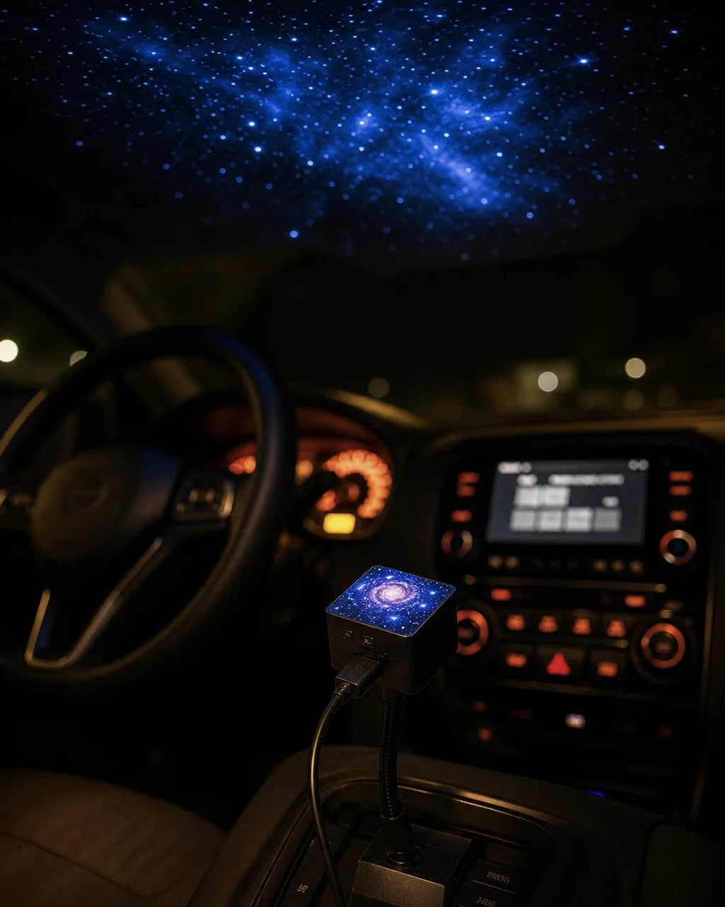 Portrait format 4:5 photograph. Interior of a car at night. The Galaxy projector PROj is plugged int